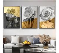 Póster moderno de mujer con rosa, impresiones de mujer con cabeza de rosa, lienzo de flores sexys, pintura de estilo nórdico, decoración del hogar, 50 x 70 cm (19,6 x 27,5 pulgadas) x 3, sin marco