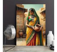 Póster moderno de mujer india sosteniendo una olla de barro, retrato artístico, pintura sobre lienzo, arte de pared, decoración del hogar (40x60cm/marco interno)