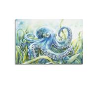 Póster moderno minimalista para pared, diseño de pulpo oceánico, acuarela, animales marinos, vida marina con algas marinas, póster contemporáneo, decoración de pared costera para baño, 40 x 60 cm
