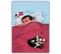 Póster mural de 49 x 69 cm GASTON LAGAFFE que duerme Dream zzz Cama Gato Póster para enmarcar firmado Franquín Decoración Interior Habitación Idea Regalo Cumpleaños Navidad AF1607004