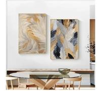Póster nórdico abstracto escandinavo con plumas doradas, pintura en lienzo, arte de pared, imágenes para decoración del hogar y la sala de estar, 60 x 90 cm x 2, sin marco
