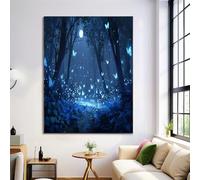 Poster Pintura Artística Sobre Lienzo Decorativo, 3D Mariposas Luciérnagas Árboles Con Magia Bosque, Para Salón Pasillo Oficina Hogar, 60×80 cm Sin Marco