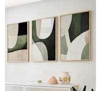 Póster, Pinturas abstractas en lienzo con pinceladas en beige y verde oliva, Impresiones de arte geométrico nórdico minimalista moderno (30x50cm-3 piezas)