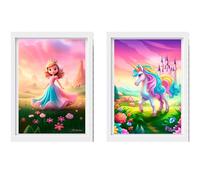 Póster Princesa y unicornio arcoíris, (2)DIN A4. Láminas decorativas para habitación de niña, ideales como regalo. Perfectas para niña, super girly. En tonos rosa pastel. (Marco No incluido)