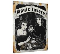 Póster rectangular de bruja para pared, retro, con diseño de hermosas niñas, lindo gato, orejas de gato, espeluznante, negro, amarillo, lienzo extraíble, decoración para cocina, comedor, oficina