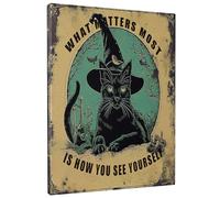 Póster rectangular de bruja para pared, retro, sombrero mágico, gato lindo, murciélago, árbol espeluznante, madera, verde, amarillo, lona, extraíble, decoración para guardería, sala de juegos