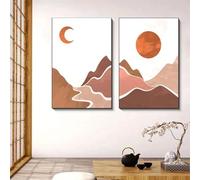 Póster retro abstracto simple con paisaje de montaña, río, sol y luna, pintura sin marco, arte de pared, decoración del hogar, 60 x 90 cm x 2, sin marco