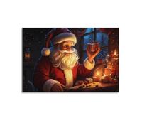 Póster retro con temática navideña de Papá Noel sonriendo junto a la chimenea mientras lees su lista de deseos, para sala de estar y dormitorio, impresión decorativa, 60 x 90 cm