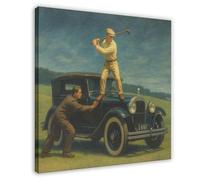 Póster retro de golfista jugando al golf en un coche, una forma de arte humorística, póster de lienzo para decoración de dormitorio, paisaje, oficina, habitación, regalo, 16 x 16 pulgadas (40 x 40 cm)