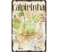 Póster retro de metal con texto en inglés "Receta de cóctel Caipirinha Cachaca Brasil, fondo claro, placa de metal vintage, decoración de pared, regalo para baño, restaurante, granja, dormitorio, cafe