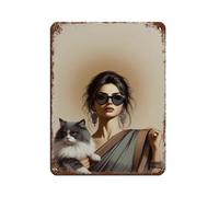 Póster retro moderno de mujer india con gato, letrero de metal de estaño, arte elegante, retro, pintura de hierro, bar, cueva, cafetería, familia, garaje, póster decorativo de pared, 30 x 40 cm