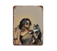 Póster retro moderno de mujer india con gato, letrero de metal de estaño, arte elegante, retro, pintura de hierro, bar, cueva, cafetería, familia, garaje, póster decorativo de pared, 30 x 40 cm