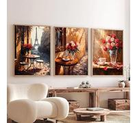 Póster retro romántico con paisaje de ventana de cafetería, calle lluviosa, rosas, lienzo, impresiones artísticas, decoración de pared para el hogar (50 x 70 cm/3 piezas sin marco)