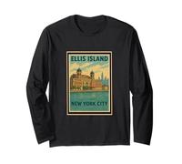 Póster retro vintage de Ellis Island New York City State NY NYC Manga Larga