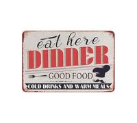 Póster vintage con texto en inglés "Eat Here Dinner Good Food Cold Drinks And Warm Meals", letrero de lata para baño, jardín, tienda retro, cafetería, 20,3 x 30,5 cm, aspecto retro, cartel de metal