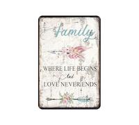 Póster vintage con texto en inglés "Family Where Life Begins and Love Never Ends" - Letrero de lata para baño, jardín, tienda retro, cafetería, 20,3 x 30,5 cm, aspecto retro, cartel de metal para