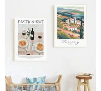 Póster vintage de comida italiana de viaje, espaguetis, café, paisaje de la costa mediterránea, lienzo, cuadro de pared, decoración del hogar, 60 x 90 cm, 2 piezas sin marco