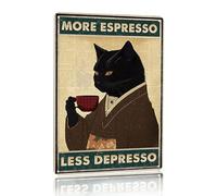 Póster vintage de gato negro con texto en inglés "More Espresso Less Depresso", letrero de metal novedoso para el hogar, decoración de arte vintage, pintura de hierro, 8 x 12 pulgadas