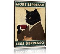 Póster vintage de gato negro con texto en inglés "More Espresso Less Depresso", letrero de metal para decoración del hogar, pintura de hierro, 15,2 x 20,3 cm