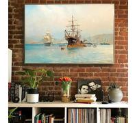 Póster vintage de océano, mar en calma, barco, paisaje marino, amanecer clásico, lienzo, pintura para pared, impresión para decoración del hogar (40 x 55 cm)