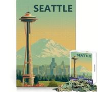 Póster Vintage de Seattle con Space Needle, Rompecabezas de 1000 Piezas para Adolescentes, Juguete de lógica Fuerte, Escape Tranquilo, Borde Transparente, Regalo de cumpleaños (50x75cm)