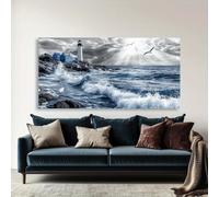 Póster y láminas de paisaje marino con faro junto al mar, pintura sobre lienzo de mar azul turbulento, arte de pared, decoración del hogar (60x80cm/sin marco)