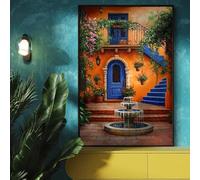 Pósteres de arte de estilo bohemio con diseño de patio de villa mediterránea, impresiones en lienzo de paisaje de finca mexicana, pintura para decoración del hogar (60 x 80 cm/sin marco)