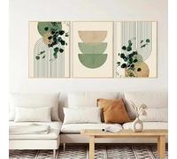 Pósteres de arte gráfico geométrico con plantas verdes bohemias y hojas de eucalipto, estilo retro, impresión en lienzo, decoración moderna para el hogar (60x80cm-3 piezas)