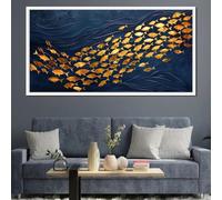 Pósteres de arte moderno de lujo con impresiones en lienzo de un banco de peces azul marino y dorado, decoración moderna para casa de playa, 70 x 140 cm, sin marco