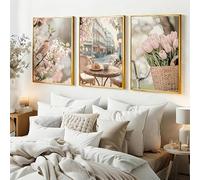 Pósteres de arte mural con estampado romántico de una calle de París, flores, pájaros y tulipanes, ideales para la decoración del hogar en una casa de campo durante la primavera (40x60cmx3/Sin marco).