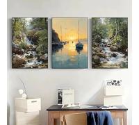 Pósteres de arte paisajístico, impresión en lienzo, colores, tendencias, casas, villas rurales, decoración natural para sala de estar, decoración del hogar (35 x 50 cm, 3 unidades)