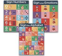 Pósteres de lenguaje de señas para el aula, paquete de 3 pósteres del alfabeto ASL, números, tabla de emociones para niños. Pósteres ASL para aulas de 16 x 20 pulgadas, borrado en seco