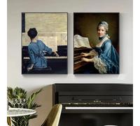 Pósteres de mujer elegante tocando el piano, arte de pared vintage, cuadro en lienzo, impresión para sala de estar, decoración del hogar (30 x 40 cm, 2 piezas sin marco)