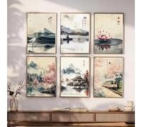 Pósteres de paisajes vintage japoneses con impresiones de pesca en el lago Crane, lienzo, arte de pared para decoración del hogar (40 x 60 cm/6 piezas sin marco)