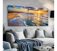 Pósteres e impresiones de lienzo con atardecer en la playa, olas y gaviotas, cuadros de pared, decoración para sala de estar, 40 x 80 cm (16 x 32 pulgadas) con marco