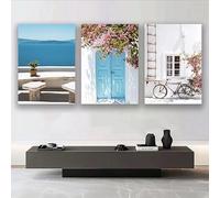 Pósteres e impresiones de paisaje marino con árboles y edificios de estilo mediterráneo, lienzo para pared, decoración del hogar (35 x 50 cm, 3 unidades)