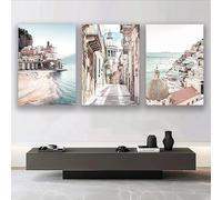 Pósteres e impresiones de paisaje marino con árboles y edificios de estilo mediterráneo, lienzo para pared, decoración del hogar (35 x 50 cm, 3 unidades)