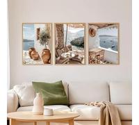 Pósteres e impresiones de paisajes de viaje de Santorini, costa de verano de Grecia moderna, lienzo impreso, arte de pared para decoración del hogar (50 x 75 cm, 3 marcos internos)