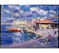 POSTERIIk Pinturas Famosas Pintura Abstracta Lienzo de graffiti Veduta del molo sono ormeggiate le barche Konstantin Alekseevich Korovin Para la Decoración del Hogar 60x90cm