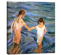 Posterlounge Niñas en el mar Lienzo de Joaquín Sorolla y Bastida 30 x 30 cm Azul Cuadros Decoración para la pared