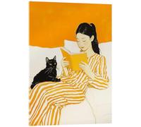 Posterlounge Reading session with cat in yellow Cuadro de metacrilato de Frank Daske 50 x 70 cm Amarillo Cuadros Decoración para la pared