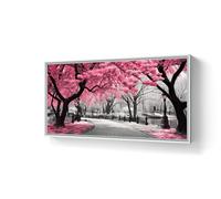 Pósters con estampado de paseo entre cerezos en flor: pintura sobre lienzo de un sendero con cerezos rosas, arte mural en lienzo para la decoración del dormitorio y el hogar (65x130cm/marco interno).