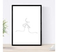 Posters de dibujos y bocetos a una linea. Lámina nordica de Beso de pareja. Cuadro a un solo trazo. Tamaño A4