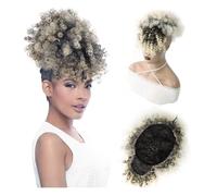 Postizo Cola de caballo afro con flequillo, moño rizado y peluquín con cordón, recogido de piña for mujeres negras Uso diario(1BT613)