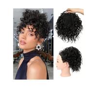 Postizo Coletero sintético de ondas cortas con cordón y moño rizado desordenado Uso diario(Natural Black)