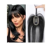 Postizo de cabello humano con flequillo con clip for mujer, base de encaje con cobertura de 360°, color negro natural, con flequillo discreto Wiglets