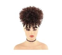 Postizo de moño Coleta sintética corta, rizada y con cordón, flequillo, moño afro alto clip(4)