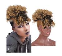 Postizo de moño Kinky Curly Pony Tail Clip in Hair Extensions for Women Afro High Puff Synthetic Hair Bun Ponytail Drawstring with Bangs Fluffy Afro Short Pelo De Moño (Color : Q35-1BT27)