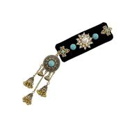 Postizo de pelo étnico de terciopelo negro con turquesa azul y borlas fluidas, joyería tradicional para novia