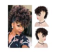 Postizo Moño alto afro con flequillo, mohicano, cola de caballo corta y rizada, postizos for mujeres negras Uso diario(1B)